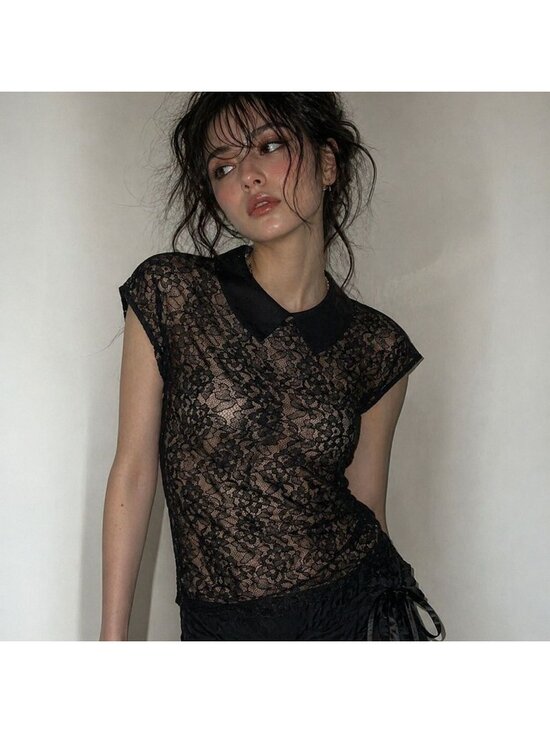 Express Tops - Y2K Womens Sz L Top Black Sheer Lace Peter Pan Collar Whimsigoth Fairy Grunge